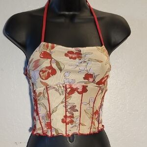 CIDER Mesh Sheer Floral Halter Top with Red Accents 90s Small